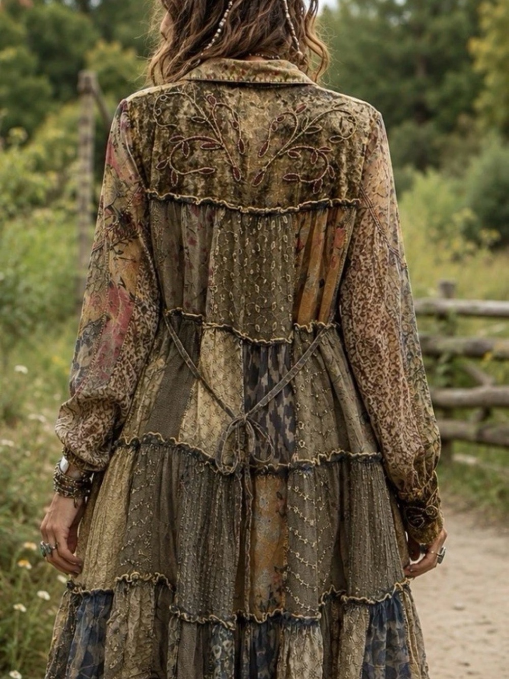 H076 NWT Young Threads L ptp21 21 ptp19 Boho Patchwork Mini Dress in Olive Green - Picture 2 of 14